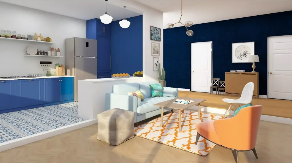 Modern living room and kitchen interior design with blue accents.
