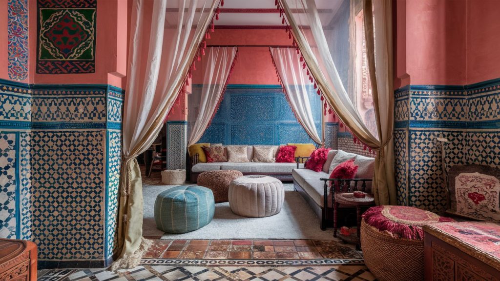 A cozy Moroccan living room with colorful tiles, patterned curtains, and plush seating.