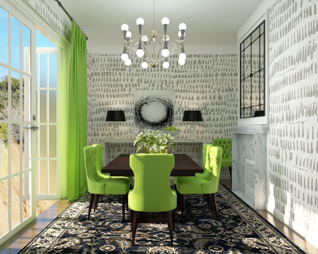 Modern Minimalist Dining Room with Grey Walls and Green Accents