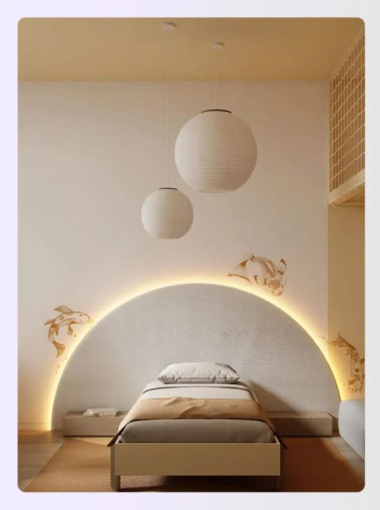 Backlit arched headboard with artistic wall decals Backlit arched headboard with artistic wall decals