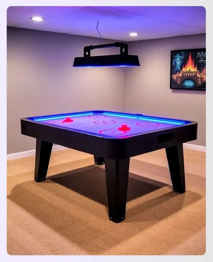 An air hockey table in a modern game room
