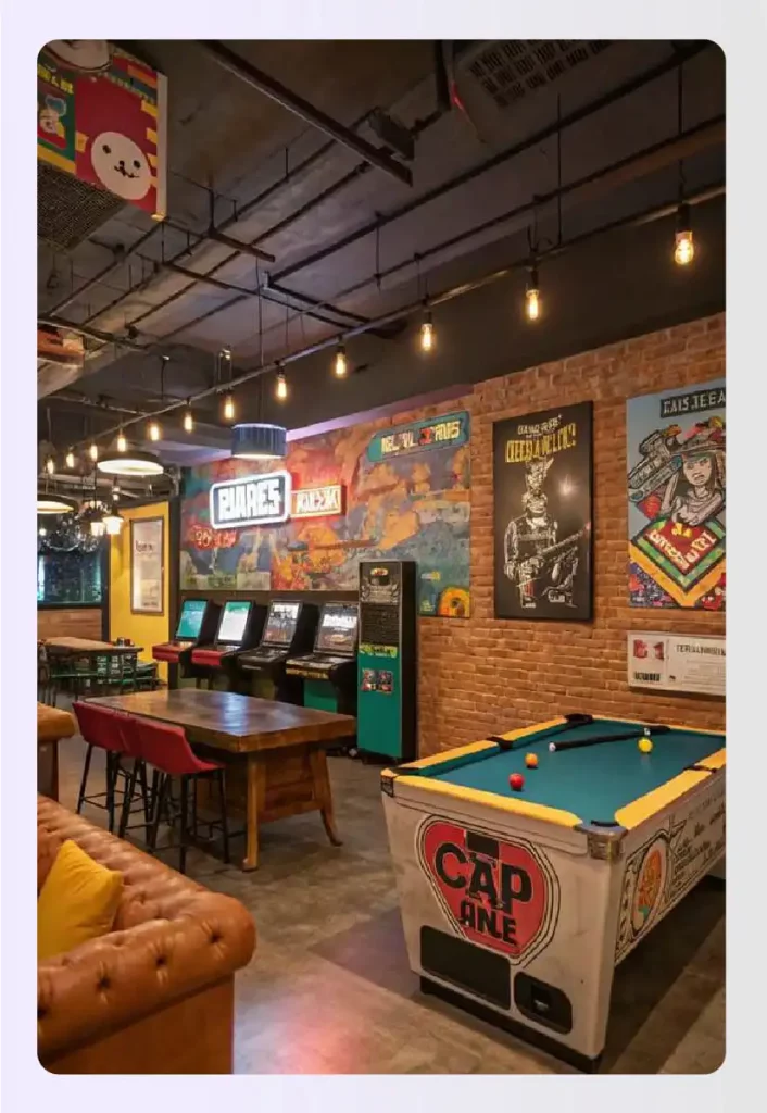 Arcade machines and neon lights in gaming room setup
