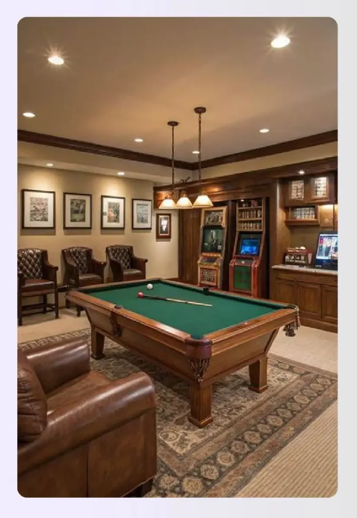 Billiards pool table in stylish gaming room décor