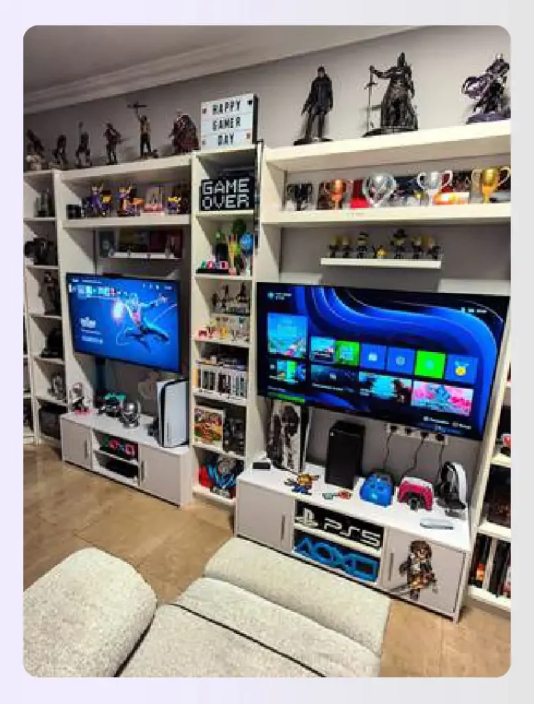 Bookshelves integrated into gaming room decor design