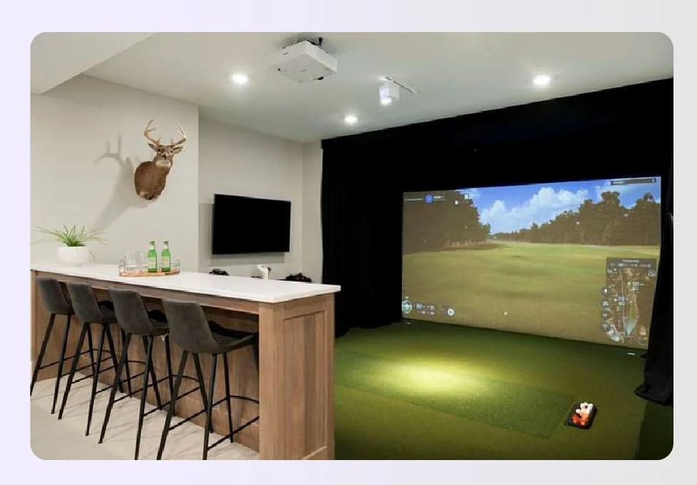 Golf simulator in luxury modern gaming room design