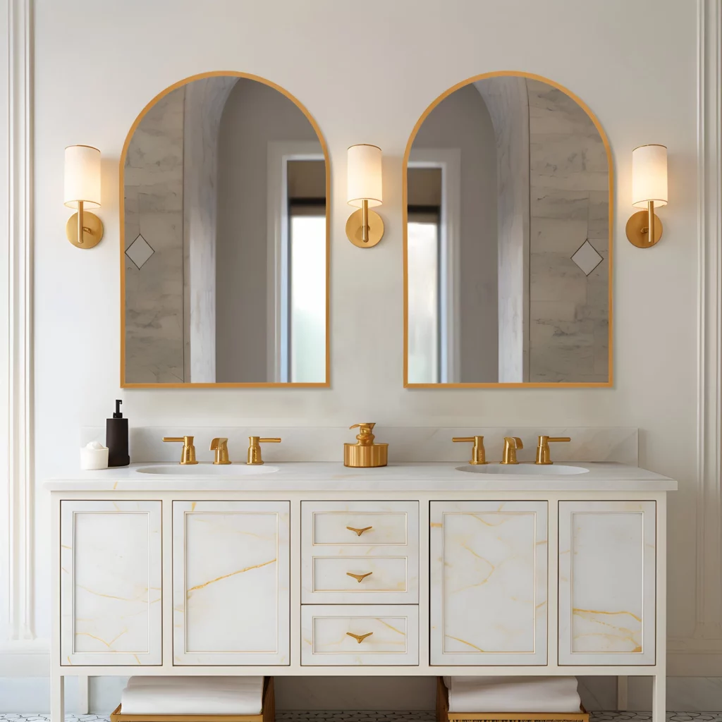 open concept bathroom design ideas-sink design with double arched mirrors
