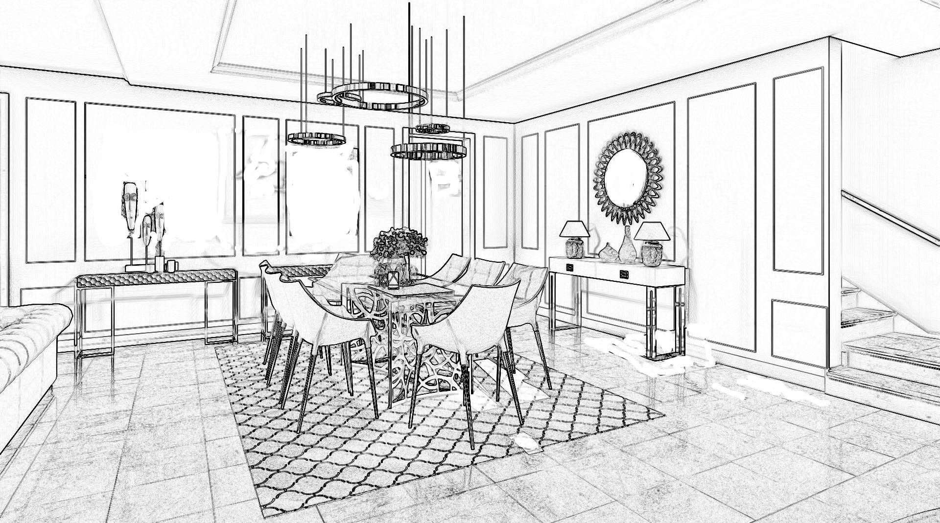 Vector sketch of living room. Interior design with sofa, lamp, pot, home  plants, pillows, frames. 7073780 Vector Art at Vecteezy