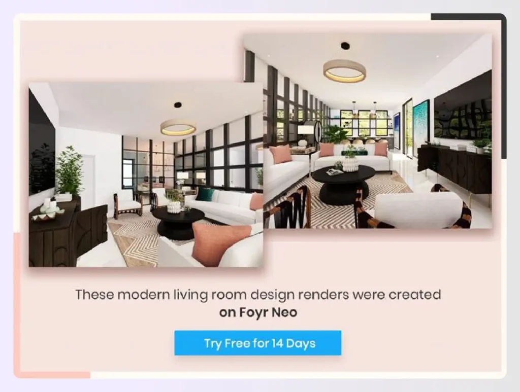 Living room designs created using Foyr Neo