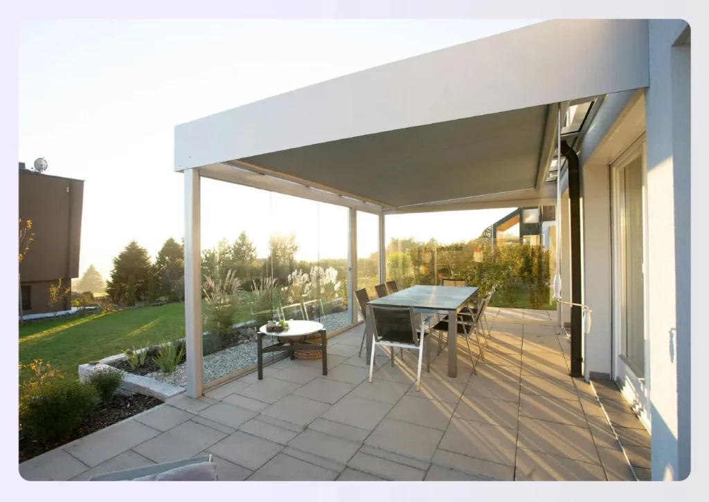 A modern enclosed porch for dining