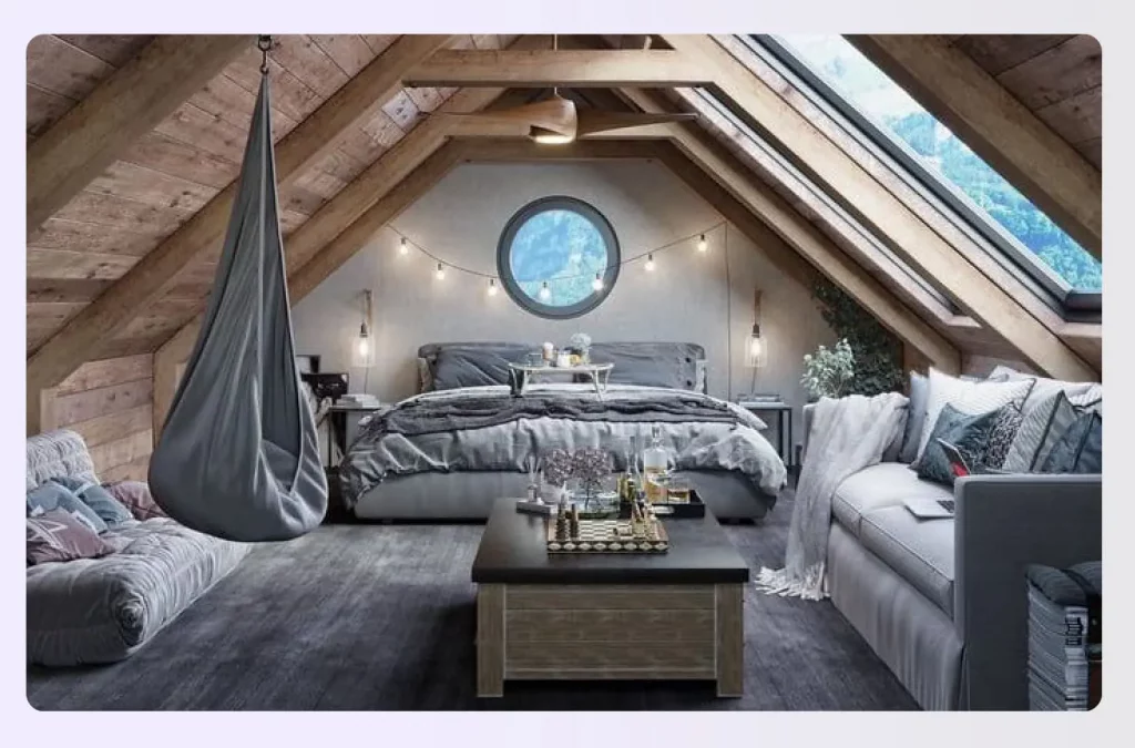 Attic bedroom with exposed wooden beams