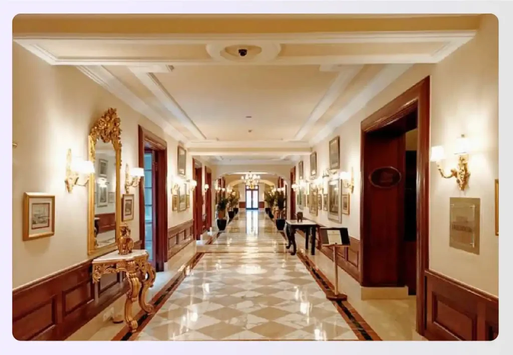 Grand hallway with polished checkerboard marble flooring