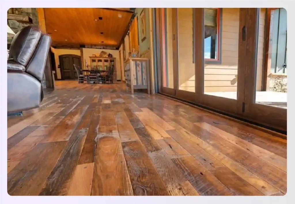 Low-angle shot of reclaimed wood flooring