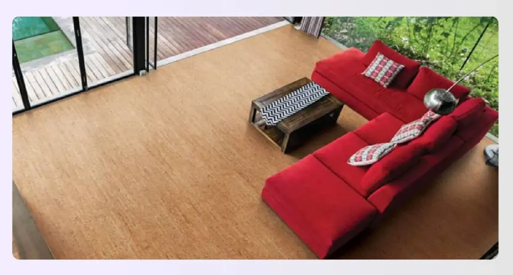 Overhead view of living room with cork flooring