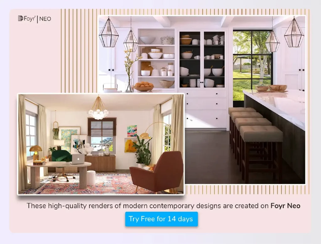 Stylish kitchen and dining room design on app display