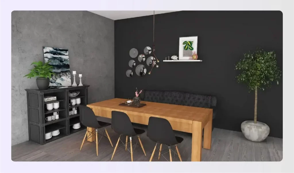 A multifunctional dining space with sleek, modern furniture