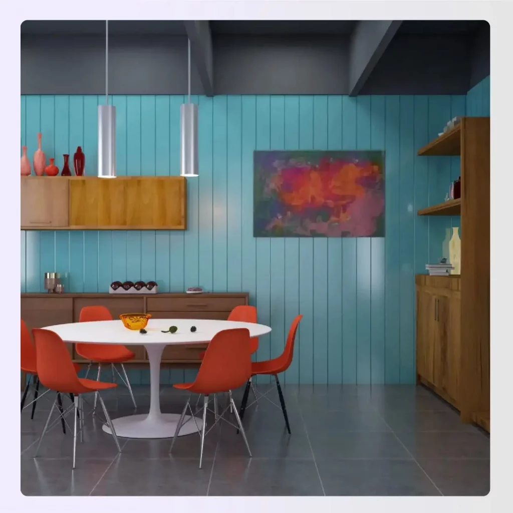 Dining room with natural wood furniture and textures