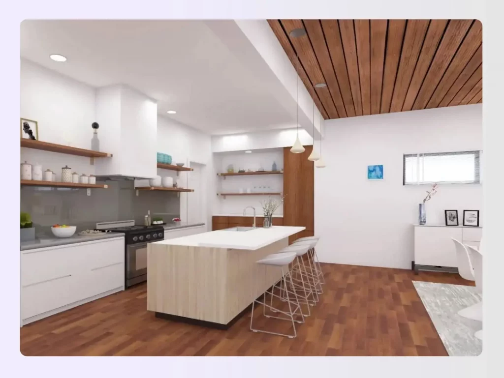 Modern kitchen with neutral colors and wood accents
