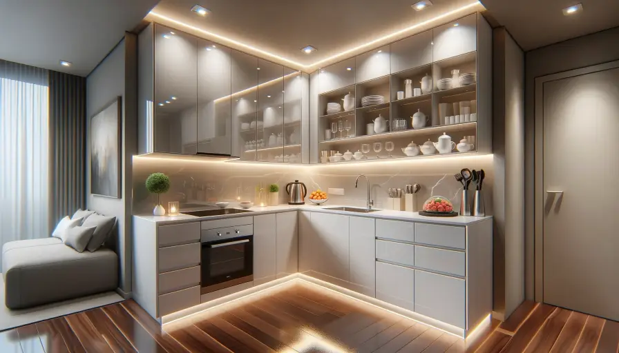 L-Shaped Kitchen with Shiny Surfaces