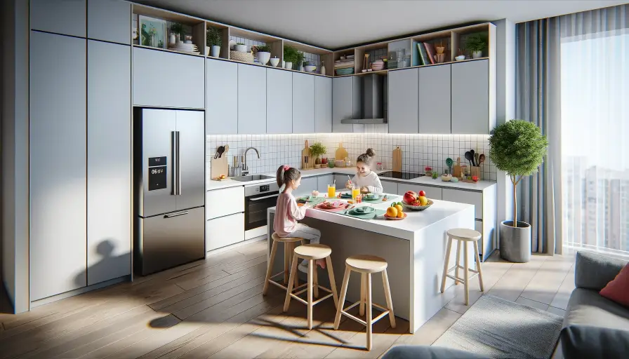 Modern L-Shaped Kitchen with Kid's Dining Area