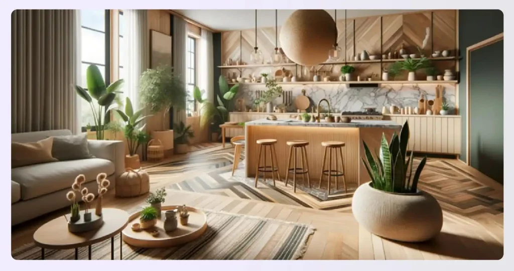 A bright kitchen and living space with natural wood