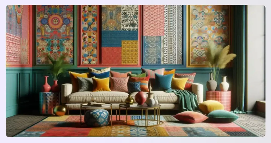 A colorful, maximalist living room with diverse patterns