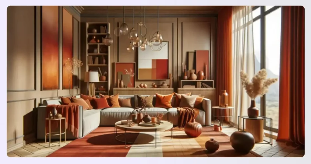 A cozy living room with warm, earthy color tones