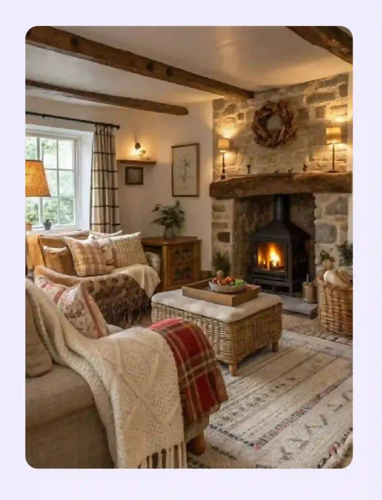 A cozy ranch style living room with fireplace.