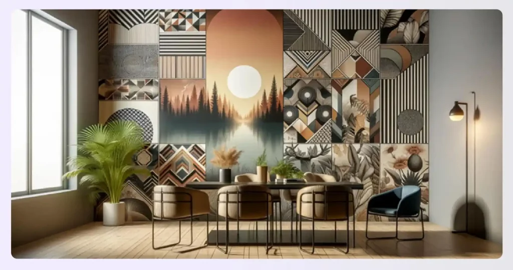 A dining area with a bold geometric wallpaper mural
