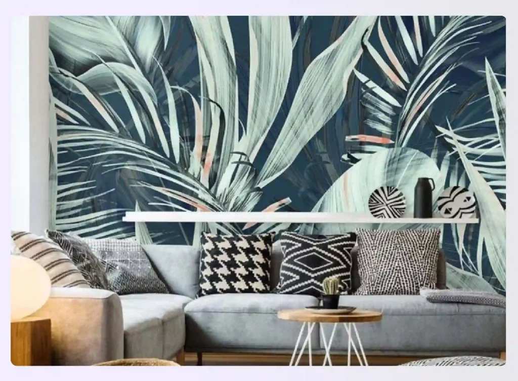 A living room with bold, tropical leaf wallpaper