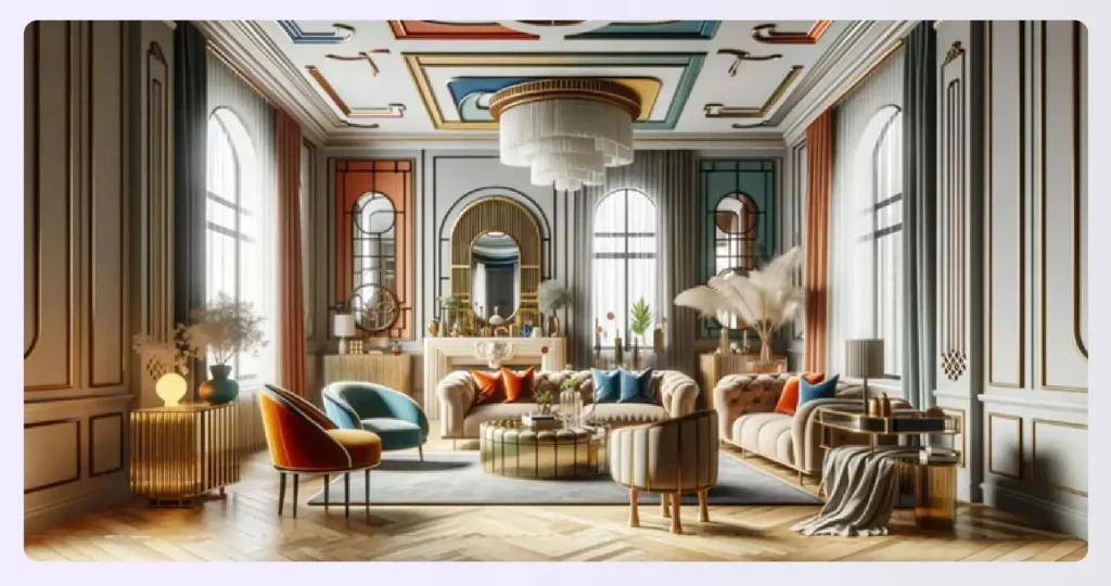 A luxurious living room designed in Art Deco style