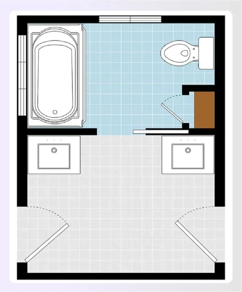 A luxury bathroom layout with a central freestanding tub