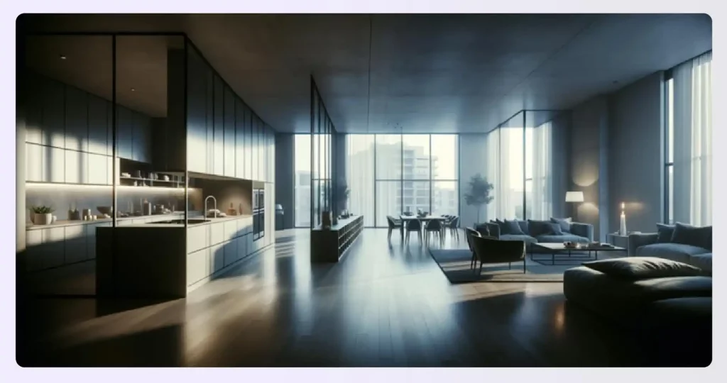A minimalist interior with large windows maximizing natural light