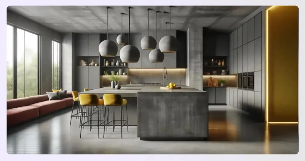 A modern kitchen with concrete countertops and pendant lights
