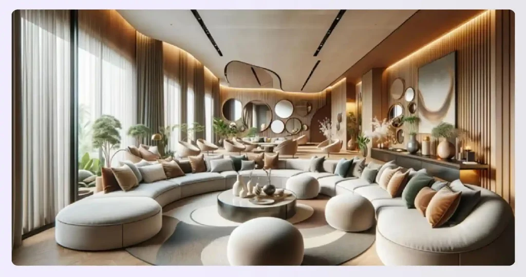 A modern living area with large curved sofas