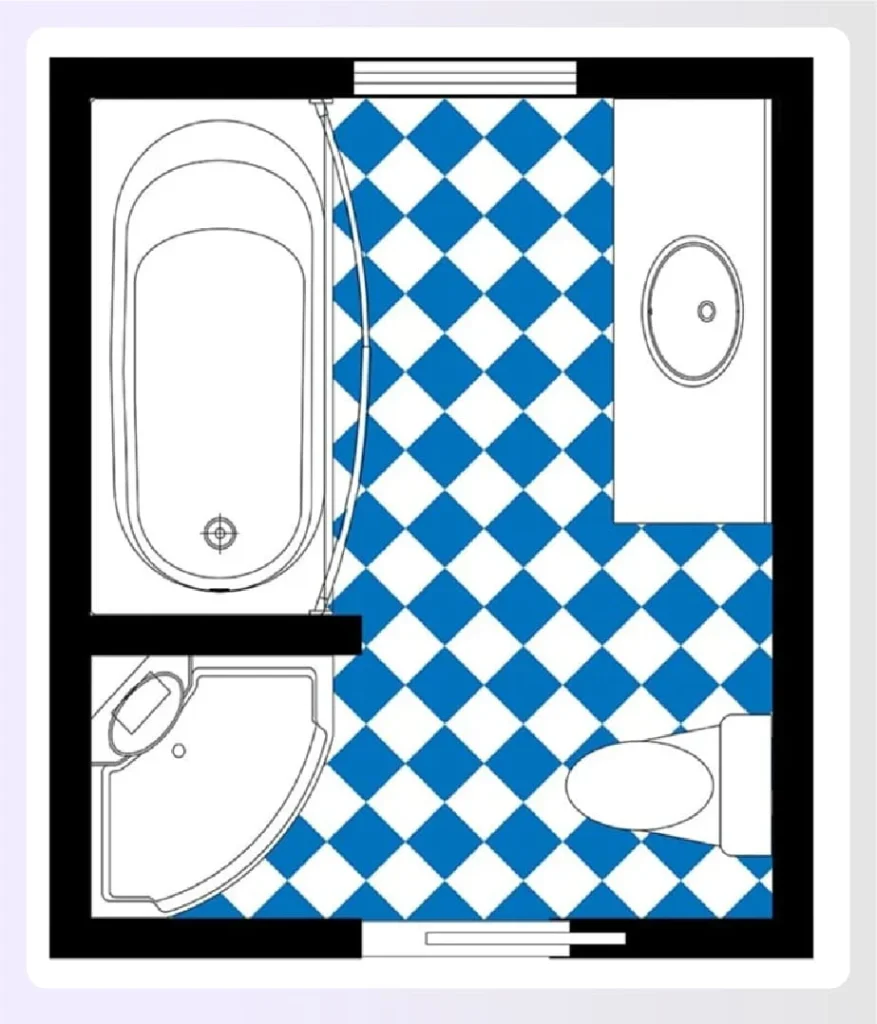 A small bathroom layout utilizing a corner shower unit