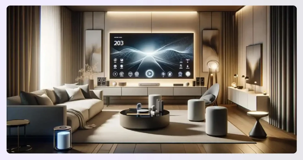A smart home living room with a large screen