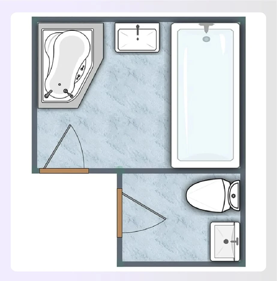 An L-shaped bathroom layout with sink on adjacent wall