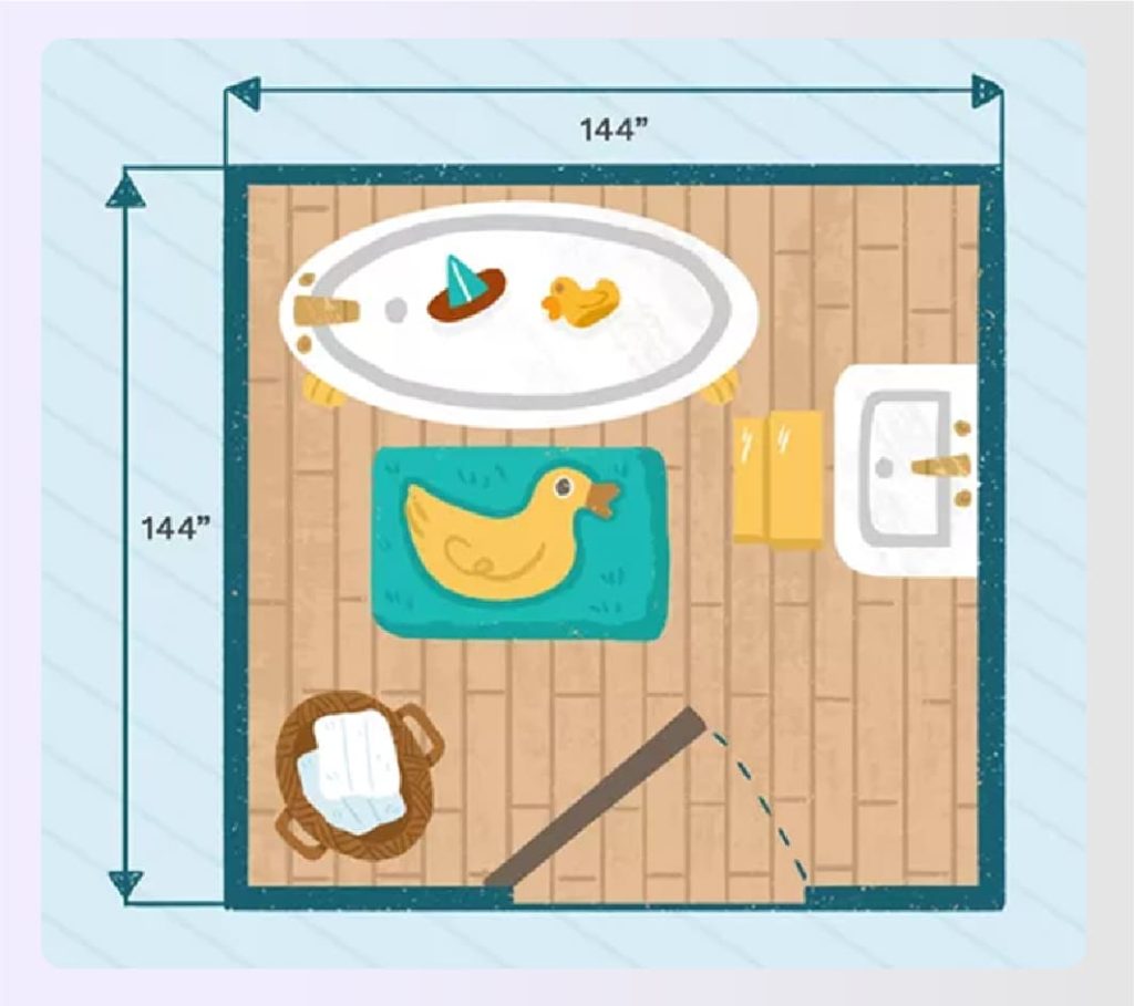 An accessible bathroom layout with a curbless shower