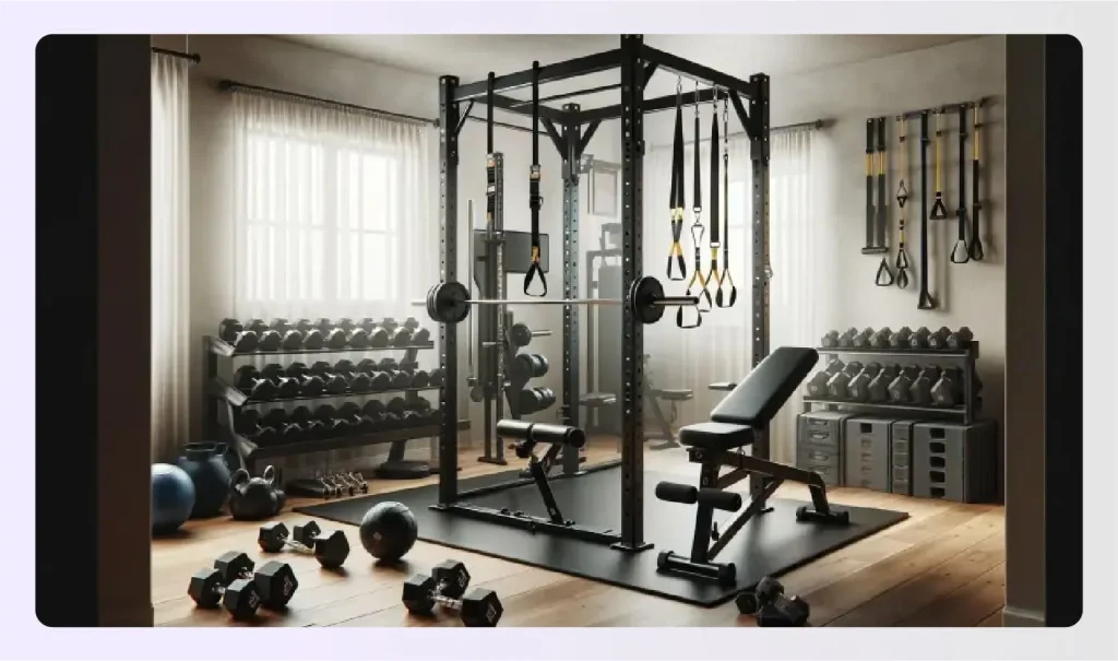 Compact power rack setup in a home gym 
