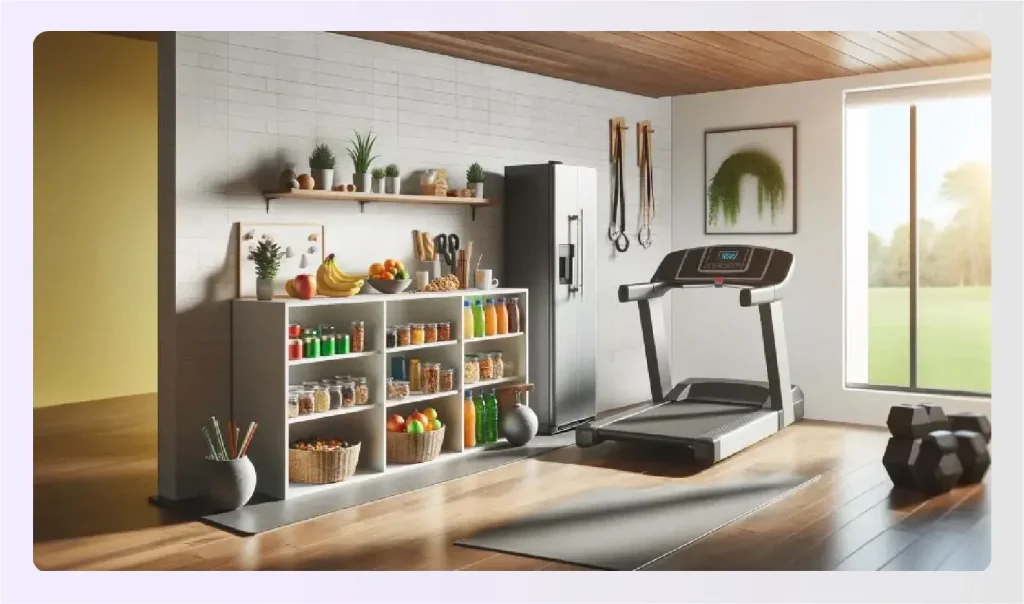 Counter with fruits and drinks in home gym 