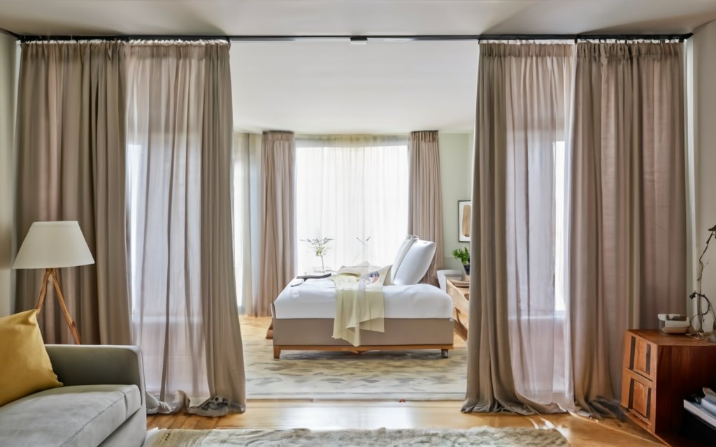 Full-length curtains as room divider