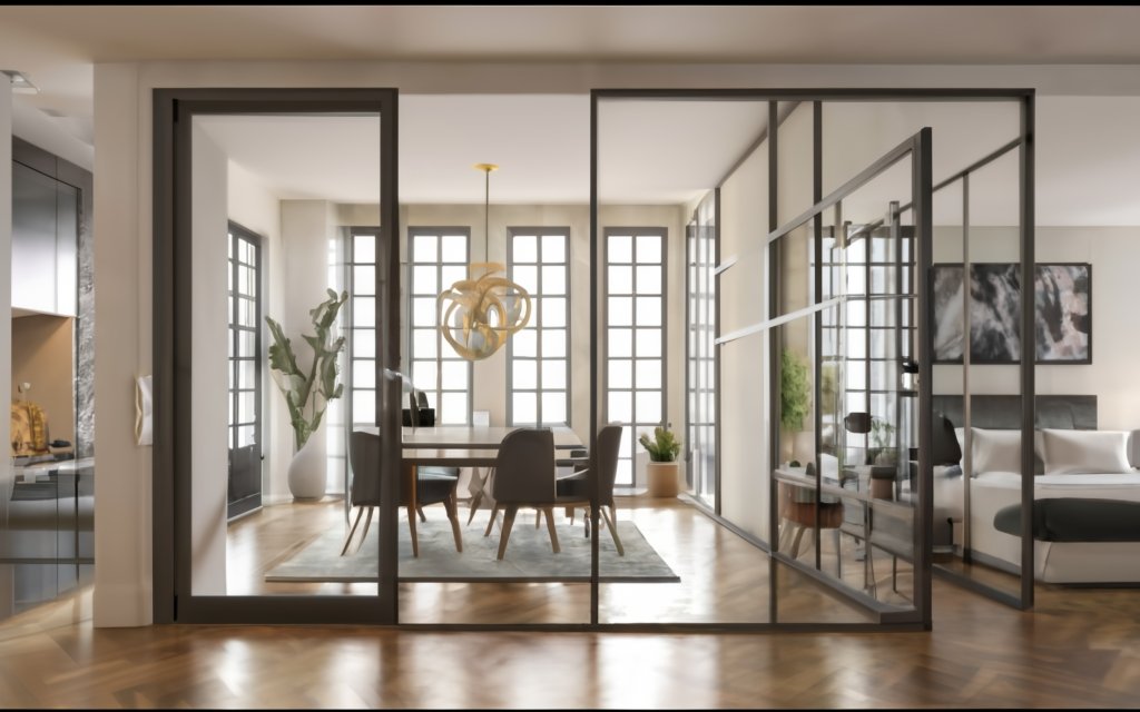 Glass door partition with metal framing