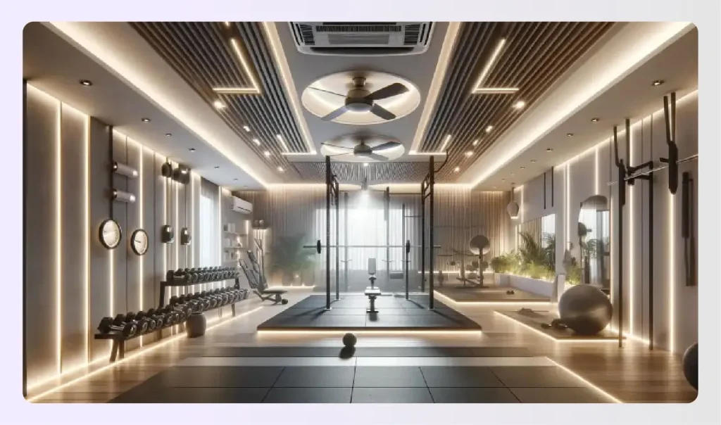 Gym ceiling with recessed lighting and fans 