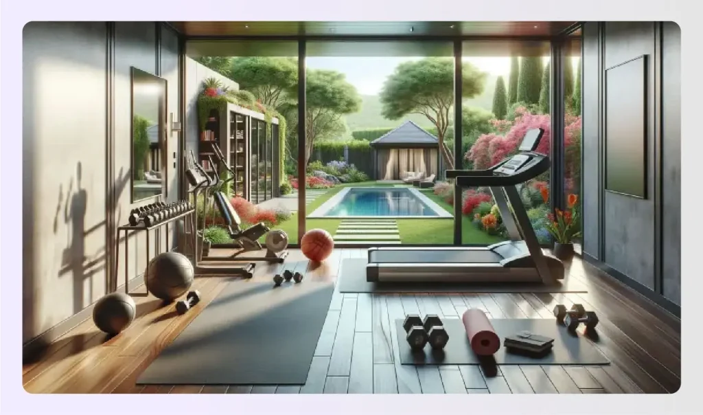 Home gym with treadmill facing large garden window 