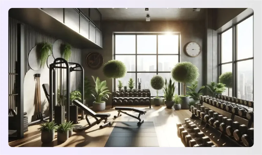 Indoor plants placed near gym window and weights 