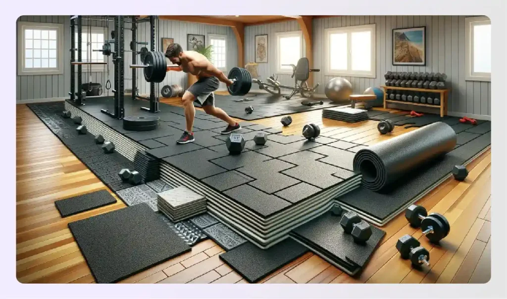 Interlocking rubber floor tiles with weights on top 