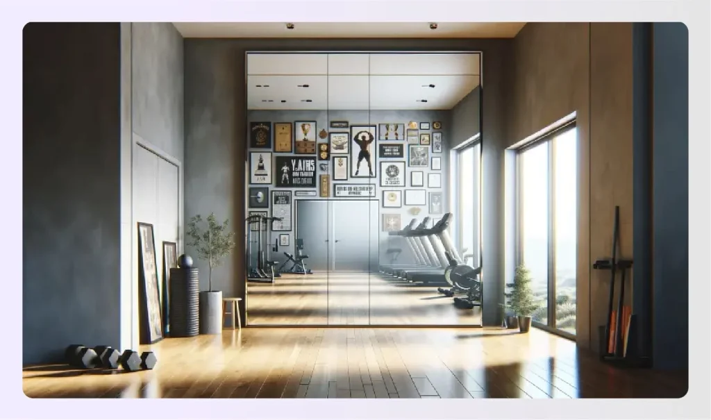 Large mirrors on gym wall reflecting equipment 