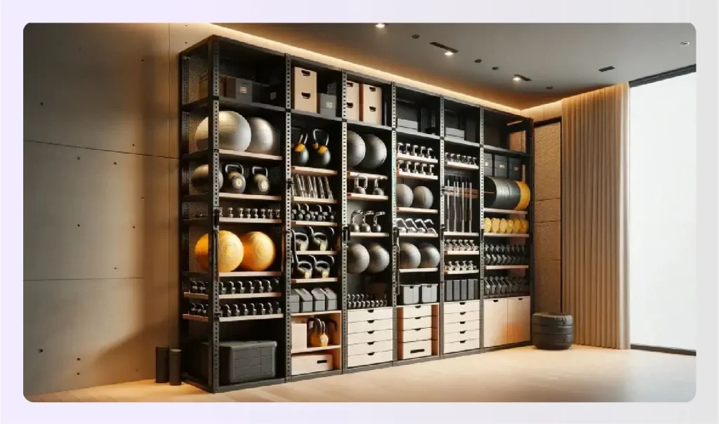 Organized shelving unit for gym weights and balls 