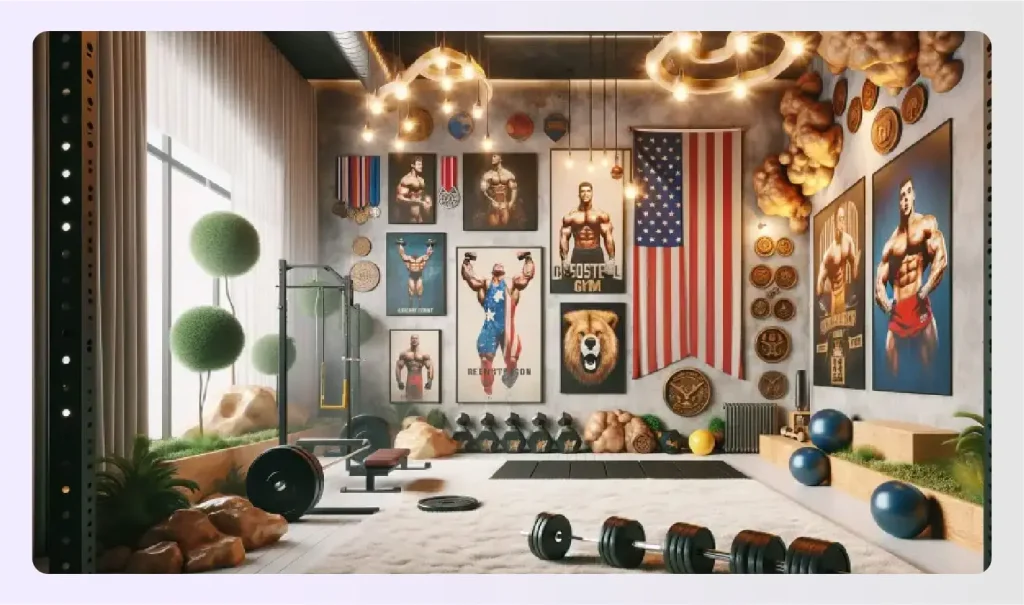 Wall featuring sports posters and motivational art 