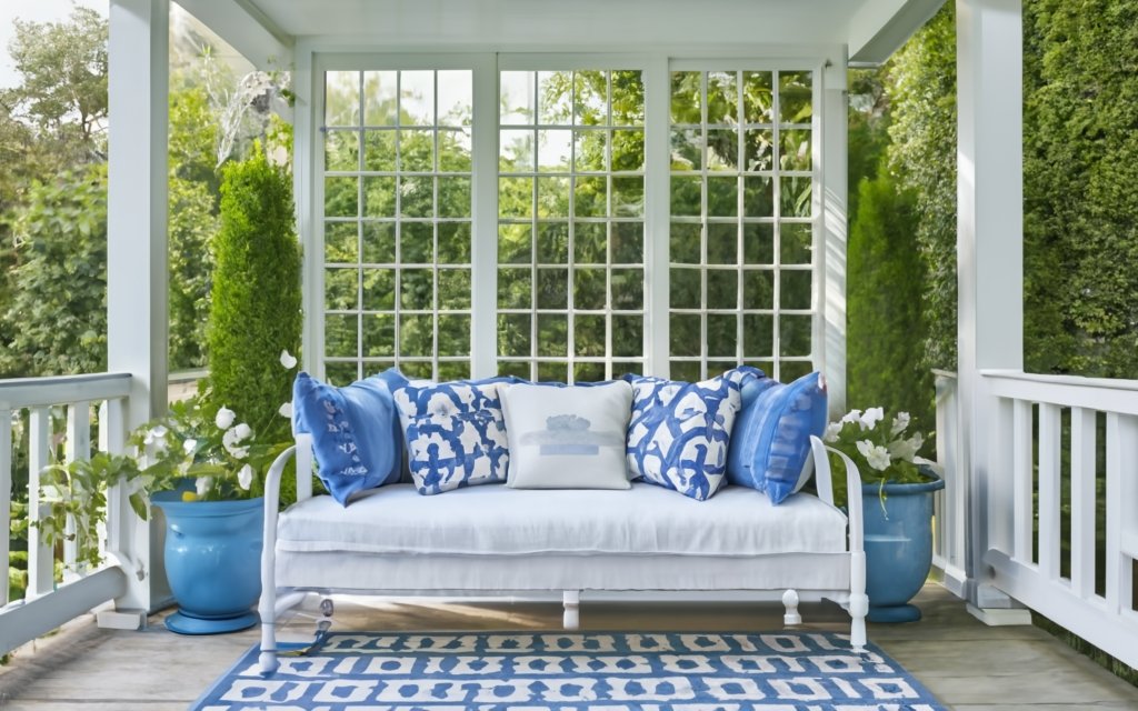 White daybed with blue chinoiserie pillows